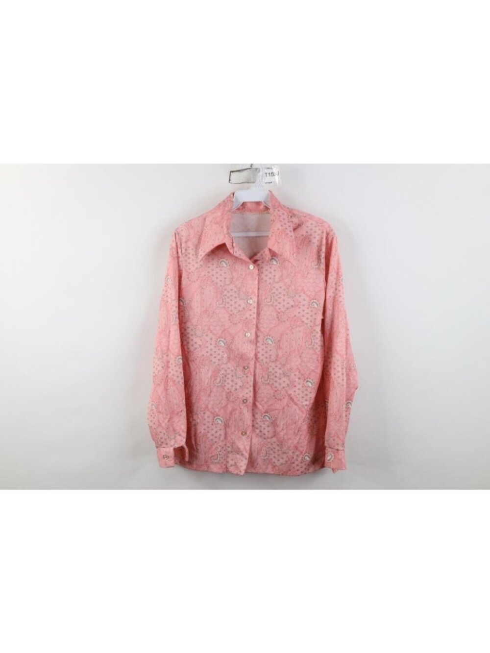 Vtg 70s Dagger Collar Button Shirt Womens Size L Pink Paisley Knit Long Sleeve